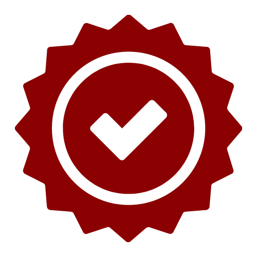 Dark red vector image of a check mark inside of a hexadecagon-shaped badge.