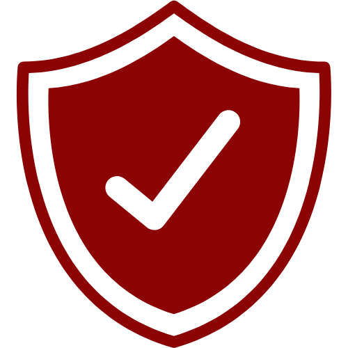 Dark red vector image of a checkmark on a shield-type badge.