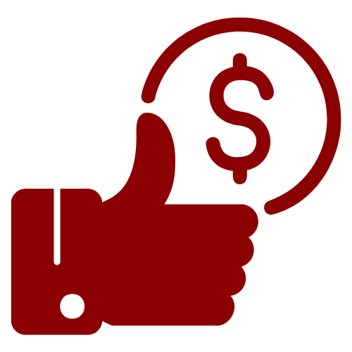 Dark red vector image of thumbs up in front of a dollar sign inside of a circle. Hand is covering part of the circle.