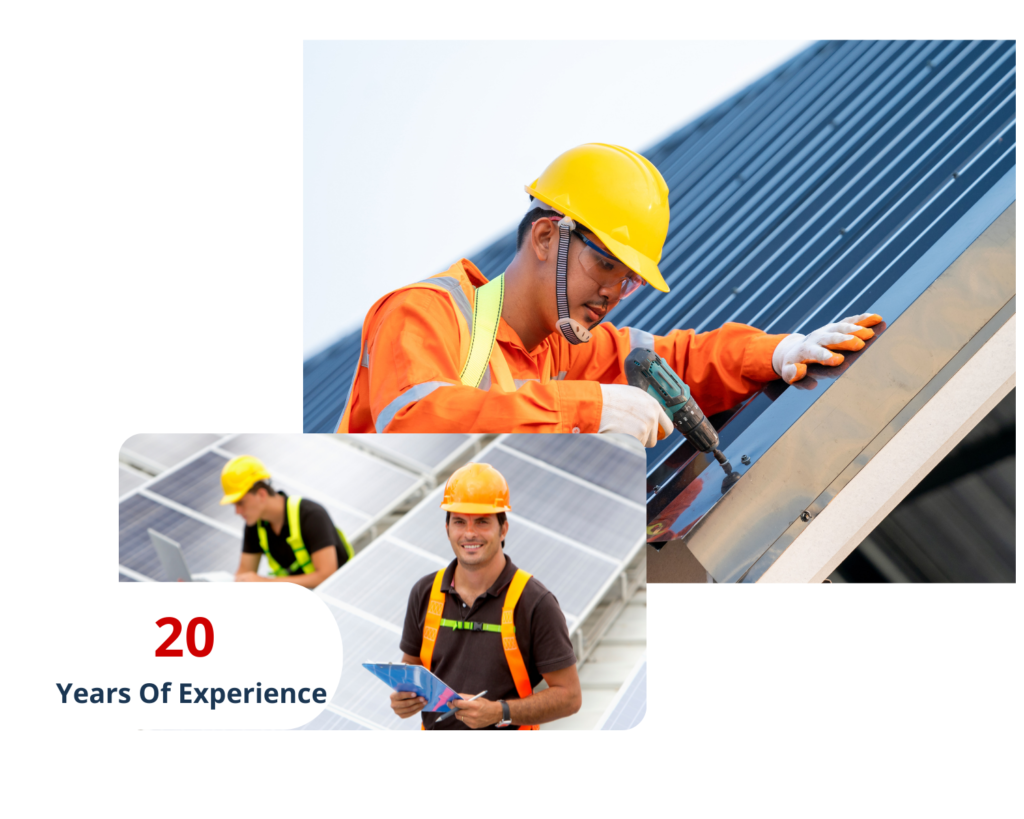 Collage of roofers wearing hardhats, one holding professional nail gun, another looking at laptop, another holding a clipboard.